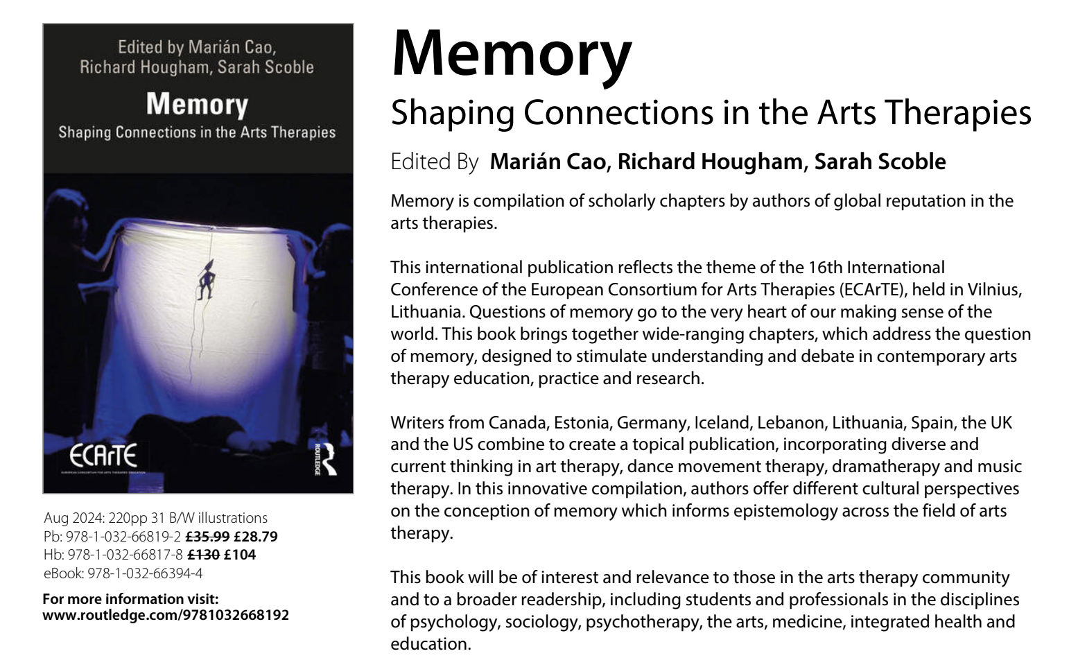 Publicada la obra "Memory. Shaping connections in Arts Therapies", de la prestigiosa editorial Routledge.